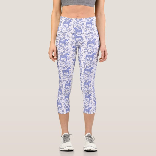 Dala Horse Swedish Pattern Indigo Blue and White Capri Leggings (Front)