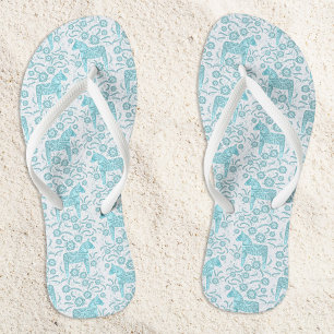 Dala Horse Swedish Teal Green and White Pattern Flip Flops