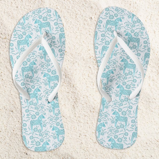Dala Horse Swedish Teal Green and White Pattern Flip Flops (Swedish Dala Horse teal green and white patterned flip flops)