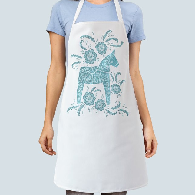 Dala Horse Teal Green and White Swedish Design Apron (Creator Uploaded)