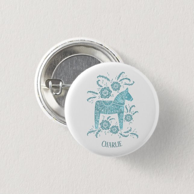 Dala Horse Teal Swedish Folk Art Custom Name 3 Cm Round Badge (Front & Back)
