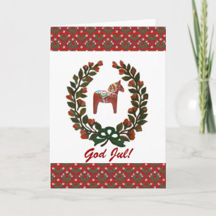 Dala Horse Wreath God Jul Merry Christmas Holiday Card