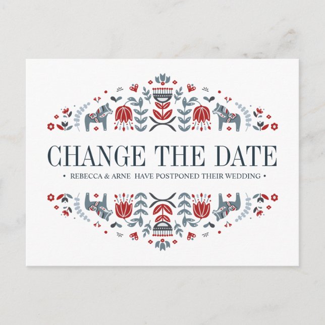 Dala Horses  WEDDING CHANGE THE DATE POSTPONEMENT Announcement Postcard (Front)