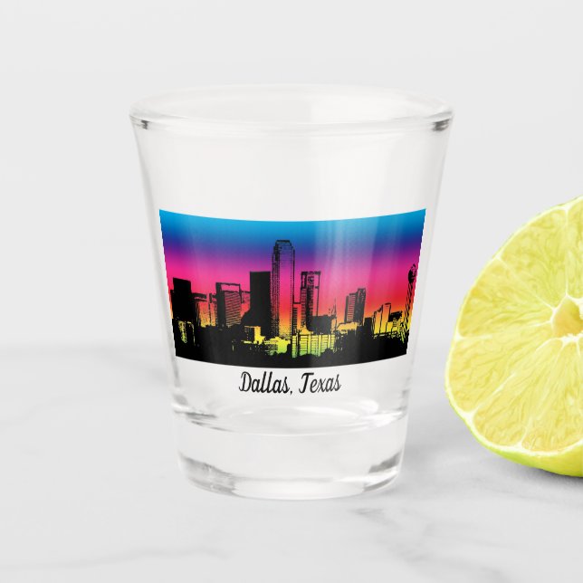 Dallas Colourful Silhouette Skyline Shot Glass (Front)