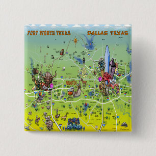 Dallas Fort Worth Cartoon Map 15 Cm Square Badge