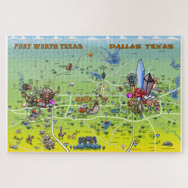 Dallas Fort Worth Cartoon Map Jigsaw Puzzle (Horizontal)