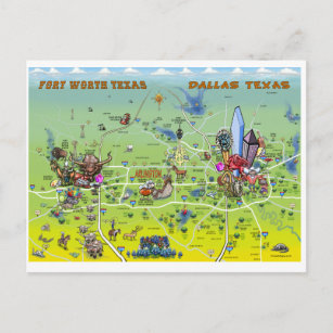 Dallas Fort Worth Cartoon Map Postcard