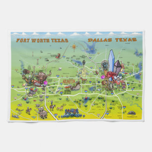 Dallas Fort Worth Cartoon Map Tea Towel