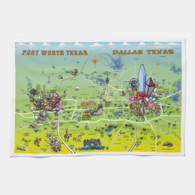 Dallas Fort Worth Cartoon Map Tea Towel (Horizontal)
