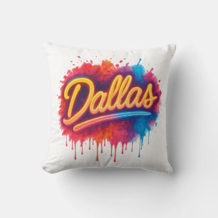 Dallas Neon Street Art Splash – Retro Vibrant City Cushion