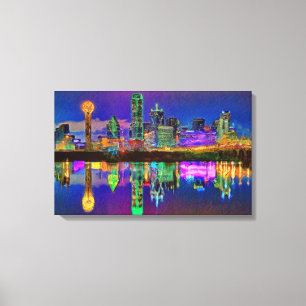 Dallas Skyline at Night Chrome Edited Canvas Art