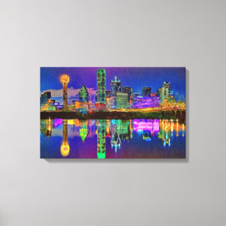 Dallas Skyline at Night Chrome Edited Canvas Art
