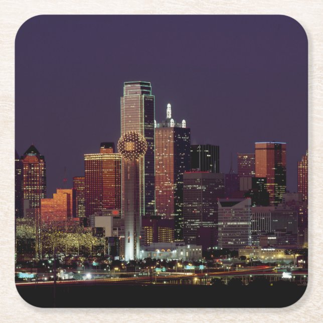 Dallas Skyline at Night Square Paper Coaster (Front)