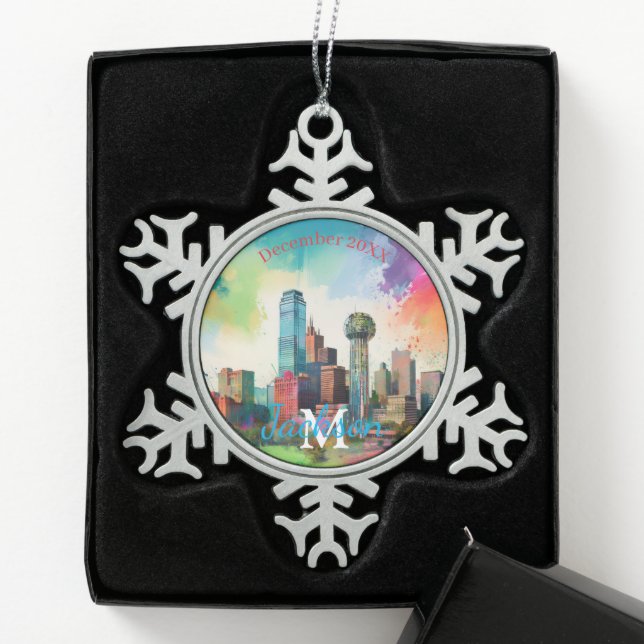 Dallas Skyline Snowflake Pewter Christmas ornament (Box)