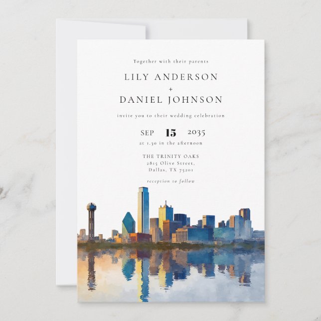 Dallas Skyline Watercolor Elegant Wedding Invitation (Front)