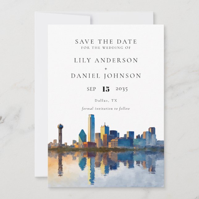 Dallas Skyline Watercolor Photo Wedding Save The Date (Front)
