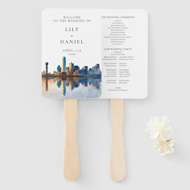 Dallas Skyline Watercolor Wedding Program Hand Fan (Front and Back)
