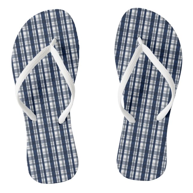 Dallas Sports Fan Navy Blue Silver Plaid Striped Flip Flops (Footbed)