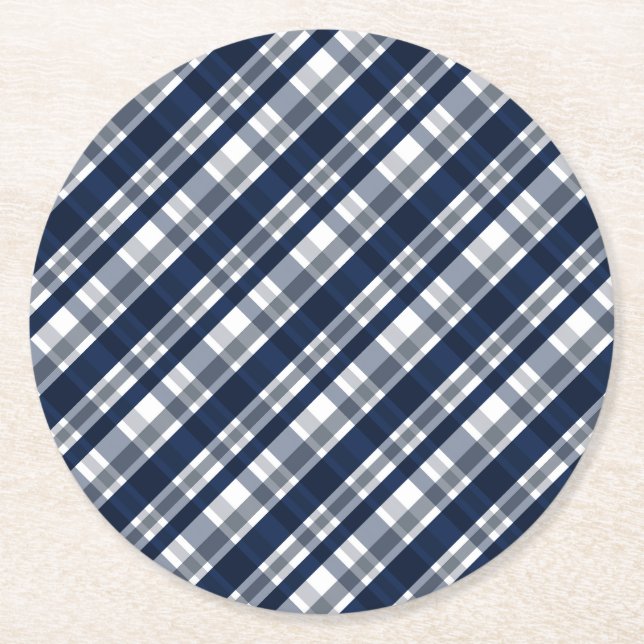 Dallas Sports Fan Navy Blue Silver Plaid Striped Round Paper Coaster (Front)