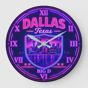 Dallas Texas Big D Skyline Neon Large Clock