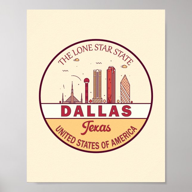 Dallas Texas City Skyline Emblem Poster (Front)