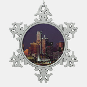 Dallas, Texas night skyline Snowflake Pewter Christmas Ornament