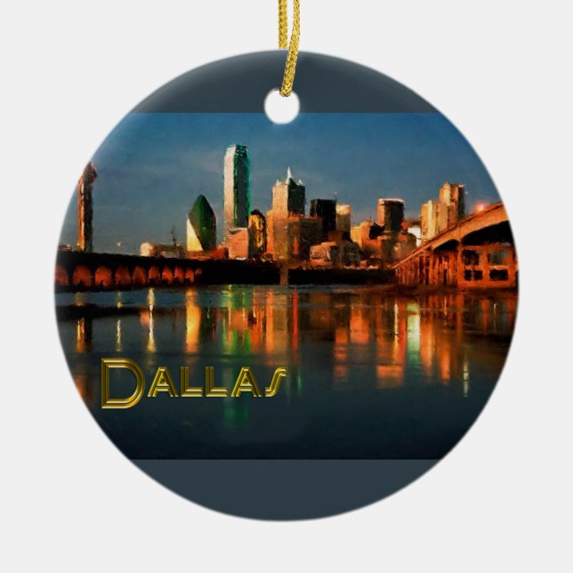 Dallas Texas Skyline at Dusk Ceramic Tree Decoration (Front)