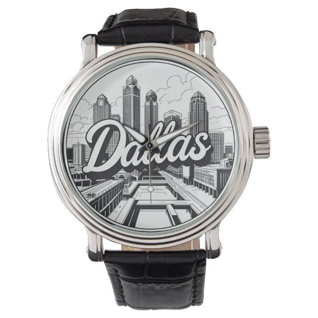 Dallas Texas Skyline Black and White Cityscape Watch (Front)