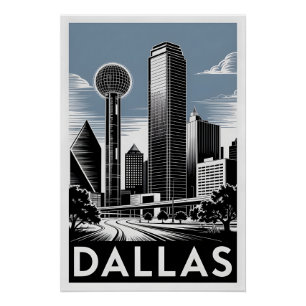 Dallas Texas Skyline Black White Woodcut Poster