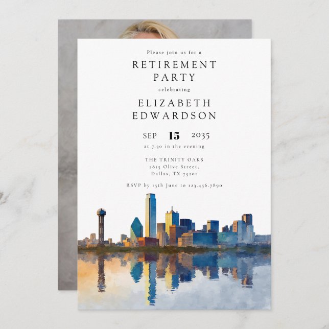 Dallas Texas Skyline Retirement Party Photo Invitation (Front/Back)