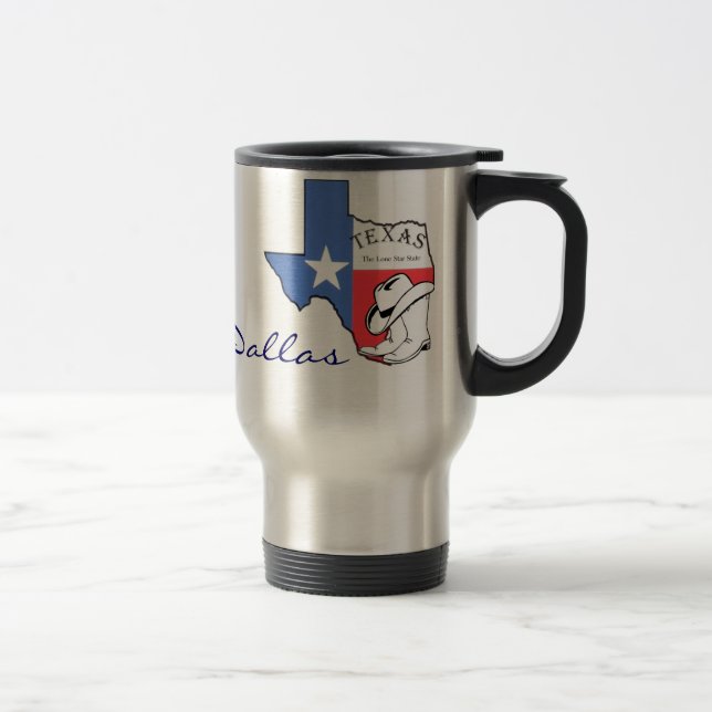 Dallas, Texas State Map with Star, Boots, Hat Mug (Right)