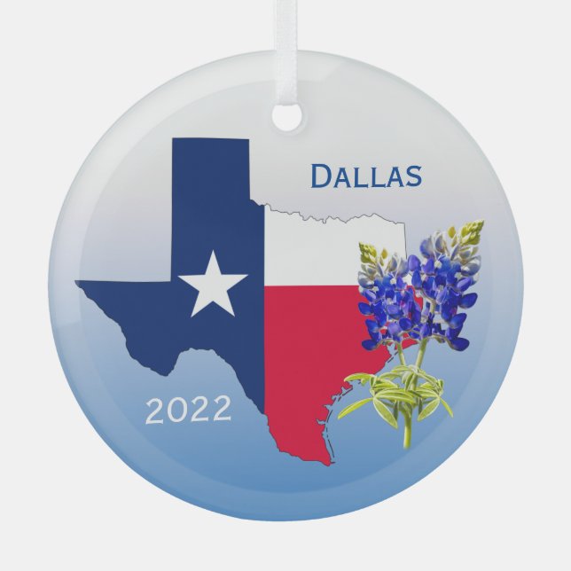 Dallas, Texas State Outline & Bluebonnets Ornament (Front)