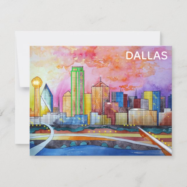 Dallas Texas Watercolor City Skyline Card (Front)