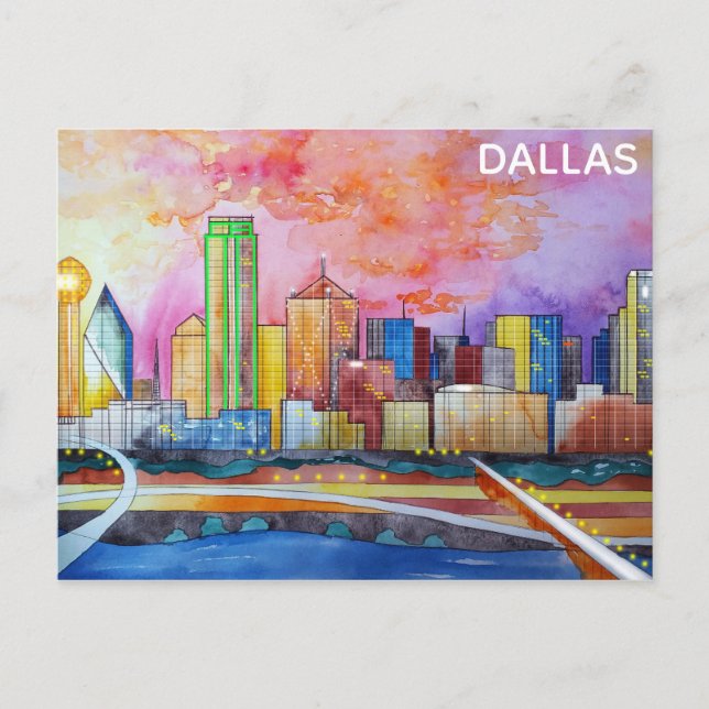 Dallas Texas Watercolor City Skyline Postcard (Front)