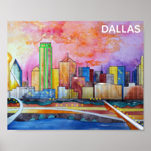Dallas Texas Watercolor City Skyline Poster