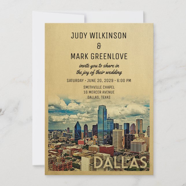 Dallas Texas Wedding Invitation Vintage Skyline (Front)