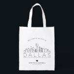 Dallas, Texas Wedding | Stylised Skyline Reusable Grocery Bag<br><div class="desc">A unique wedding bag for a wedding taking place in the beautiful city of Dallas,  Texas.  This bag features a stylised illustration of the city's unique skyline with its name underneath.  This is followed by your wedding day information in a matching open lined style.</div>