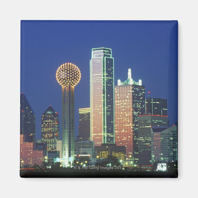 'Dallas, TX skyline at night with Reunion Tower' Magnet (Front)