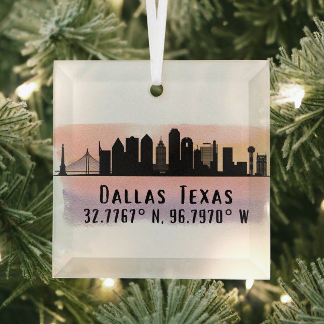 Dallas TX Skyline Latitude and Longitude  Glass Tree Decoration (Insitu)