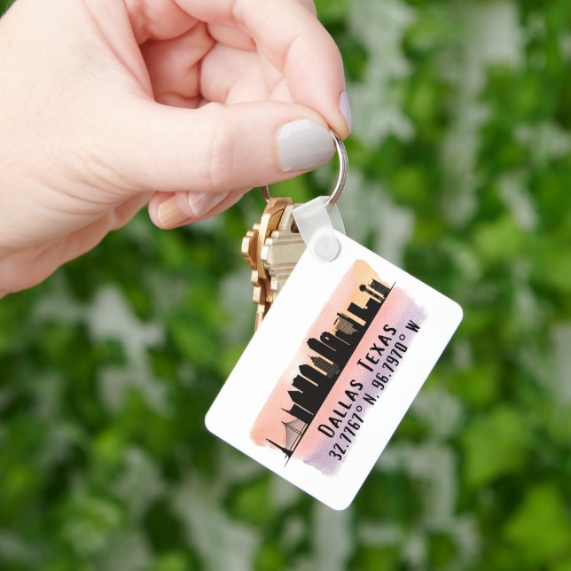 Dallas TX Skyline Latitude and Longitude  Key Ring (Hand)