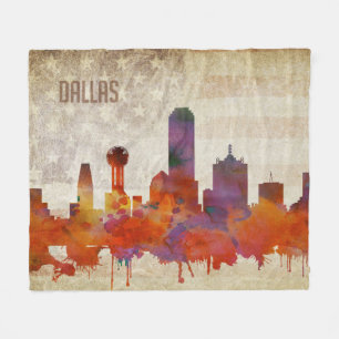 Dallas, TX   Watercolor City Skyline Fleece Blanket
