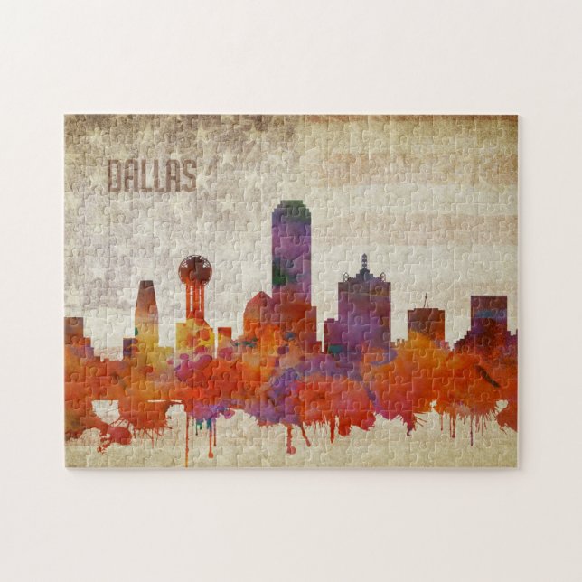 Dallas, TX | Watercolor City Skyline Jigsaw Puzzle (Horizontal)