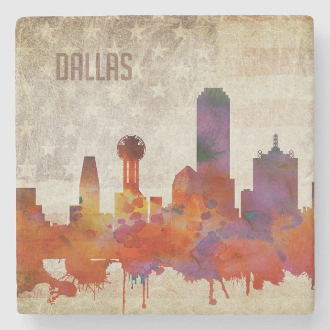 Dallas, TX | Watercolor City Skyline Stone Coaster (Front)