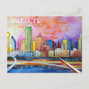 Dallas, Tx Watercolor Postcard 