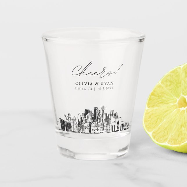 Dallas Wedding Favour Personalised Cheers Shot Glass (Front)