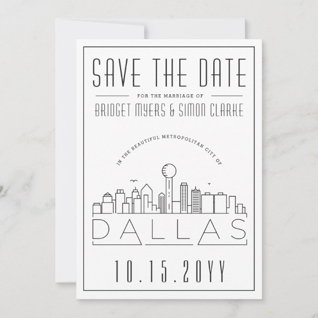 Dallas Wedding Stylised Skyline Save the Date Invitation (Front)