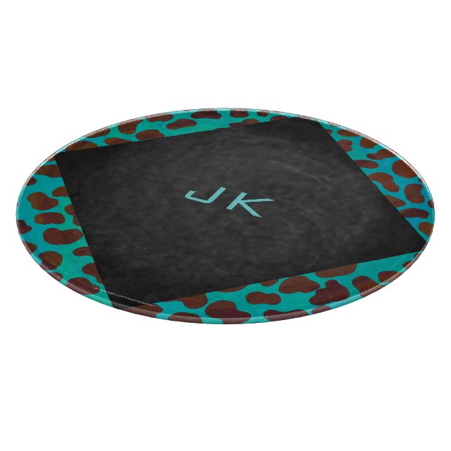 Dalmatian Brown and Teal with Monogram Cutting Board (Corner)