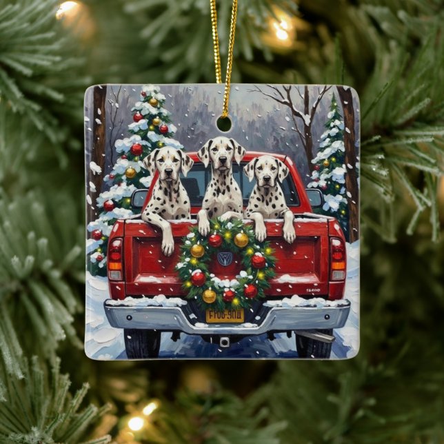 Dalmatian Christmas Red Truck Holiday Ceramic Ornament (Tree)