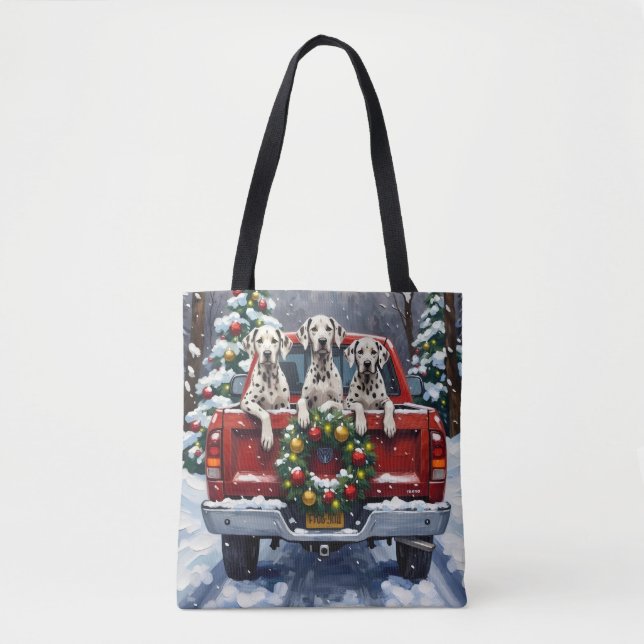 Dalmatian Christmas Red Truck Holiday Tote Bag (Front)