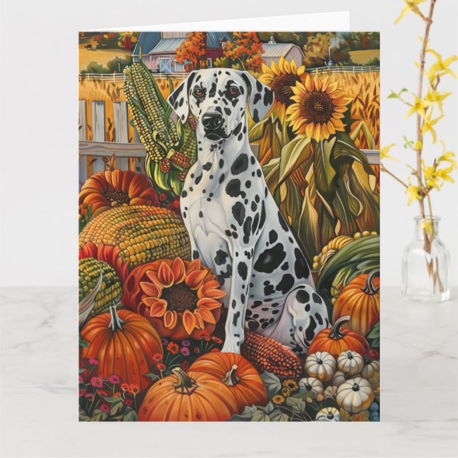 Dalmatian Dog Autumn Harvest Thanksgiving Card (Yellow Flower)